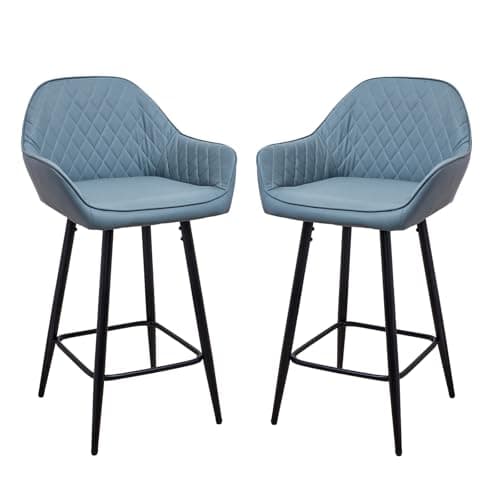 Image of Panana Set of 2 Barstools Home Breakfast Pub Stools Cafe Chairs Mid Back Fixed Metal Legs (Blue)