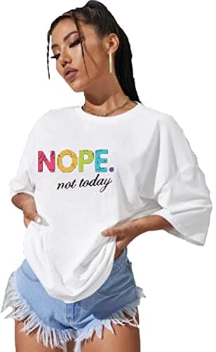Image of Pure Fashion UK® Women's Slogan Printed Oversized Short Sleeves T-Shirt Ladies Summer Baggy Loose Fit Round Neck Tee Tops Elegant Casual Wear Shirts (Nope Today Multi Coloured White, L-XL)