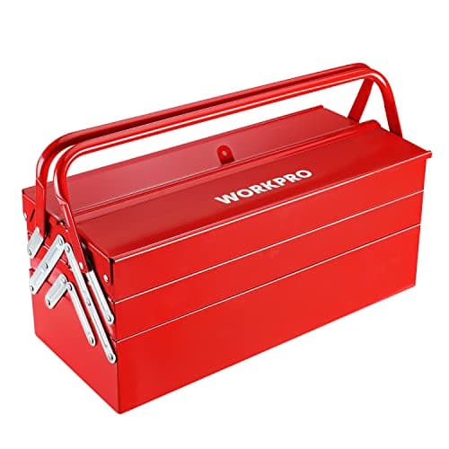 Image of WORKPRO Metal Tool Box, 18-inch Cantilever Folding Red Storage Box, 3-Layer 5-Tray Multi-Function Tool Organizer, Red