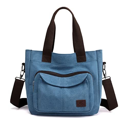 Image of PORRASSO Women Crossbody Bag Canvas Shoulder Bag Tote Ladies Handbag Satchel Messenger Bag for Shopping Travel Work Daily Use Blue