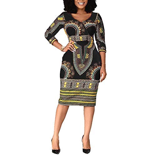Image of VERWIN Mid-Calf V Neck Three Quarter Sleeve Print Women's Bodycon Dress African Midi Dress (X-Large, Black)