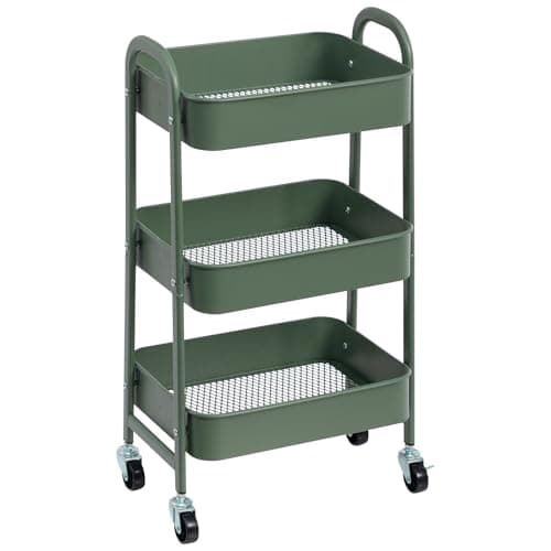 Image of DOEWORKS Storage Trolley on Wheels 3-Tier Metal Storage Cart Rolling Kitchen Trolley Beauty Trolleys Craft Trolleys Utility Cart for Room Bathroom Office, Grass Green