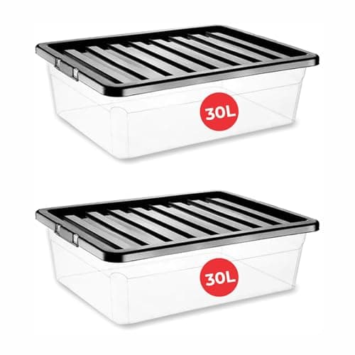 Image of RelianceUK 2 X 30L Under bed Storage Boxes with Lids | Multipurpose Clear Plastic Storage Box With Black Lid for Home Office Kitchen Stackable Storage Boxes (30 Litre(Underbed) / 2 Pack)
