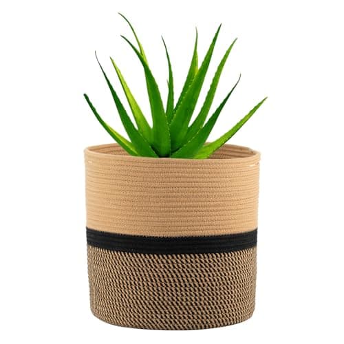 Image of huipinghu 20cm Cotton Woven Plant Pot | Breathable Indoor Planter Basket for Potted Plants | Built-in Handles - 20x20cm for Boho Home Decor & Herbs (Black+Yellow)