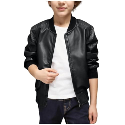 Image of Slxbear Black Boys Fleece Lined Pu Leather Moto Jacket Winter Lightweight Windproof Warm Sherpa Coat Full Zipper Stand Collar Kids Outwear Streetwear 9-10 Years