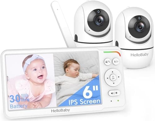 Image of HelloBaby World's First 6" IPS Split Screen Baby Monitor with 2 Cameras - No WiFi, 30hr Battery, 355° Pan-Tilt, Night Vision, 1000ft, Portable Travel Video Audio Monitor with Temp Alert/Lullabies/VOX