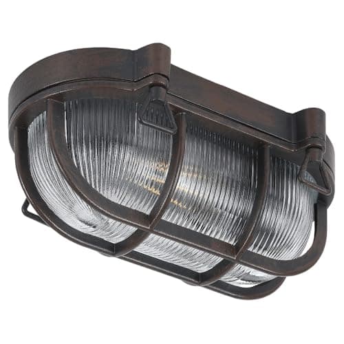 Image of Old English Rustic Brown & Ribbed Glass Outdoor Vintage Oval Flush Bulkhead Wall Light | 25cm Length | IP44 Rated | 1 x ES E27 Lamp Bulb Required | Bathroom Use | UK Approved | Low Profile 10.5cm