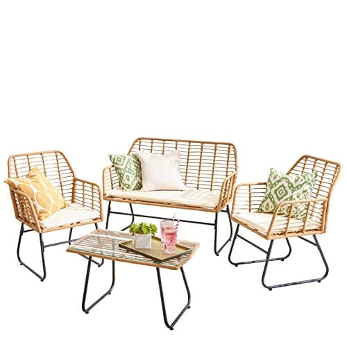 Image of Neo Garden Patio Furniture Wicker Rattan Chair Table Sofa Outdoor Indoor Balcony Conservatory Cushion Set (Natural)