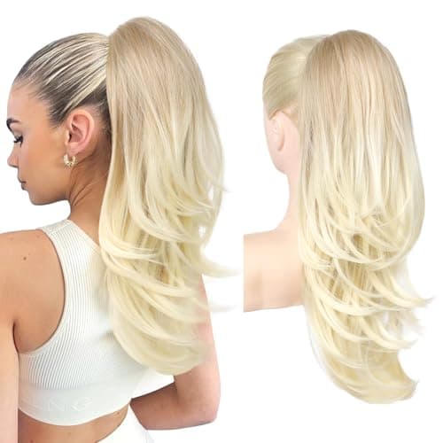 Image of FLUFYMOOZ Ponytail Extension for Women, 20 Inch Drawstring Ponytail Hair Extension for Women, Soft Natural Looking Synthetic Pony Tails Hairpiece (Dark Blonde to Light Blonde)