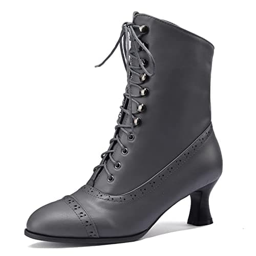 Image of Gicoiz Women Pointed Toe Retro Kitten Heels Winter Ankle Boots Elegant Lace Up Biker Military Comfy Chelsea Booties Zipper Grey Size 7-42