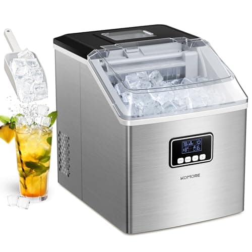 Image of KOMORE Ice Maker Machine, 2.2L Stainless Steel Ice Cube Maker 20kg/Day, 24 Pcs Ready in 13 Mins, Self-Cleaning Ice Machine with Ice Scoop & Basket, LED Display, 24H-Timer, Portable for Home/Office/Bar