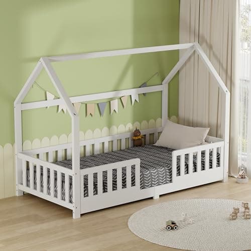 Image of AVC Designs Junior Wooden House Bed Toddler Solid Pine Wood Modern Children Kids Junior Bed Frame White