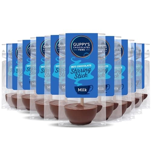Image of Guppy's Chocolates York | Milk Hot Chocolate Stirrers | 10 Pack | 32gram Cup Shaped Drinking Chocolate Sticks Spoons | Individually Packaged