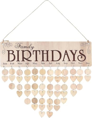 Image of Family Birthday Reminder Calendar DIY Wooden Wall Hanging Board Heart Circle Birthday Tracker Signs with 100 Tags for Mom Grandma, Days Fashion Book