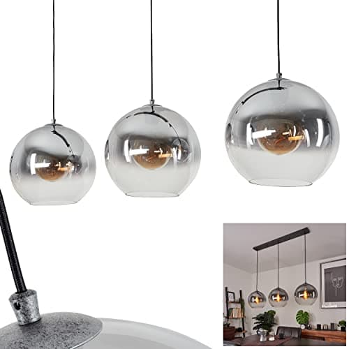 Image of Leissigen Pendant Light, Modern Hanging lamp Made of Metal/Glass in Antique Silver/Smoke Colour, Pendant lamp with lampshades of Real Glass, Height max. 150 cm, 3-Flame, 3 x E27, Without Bulbs