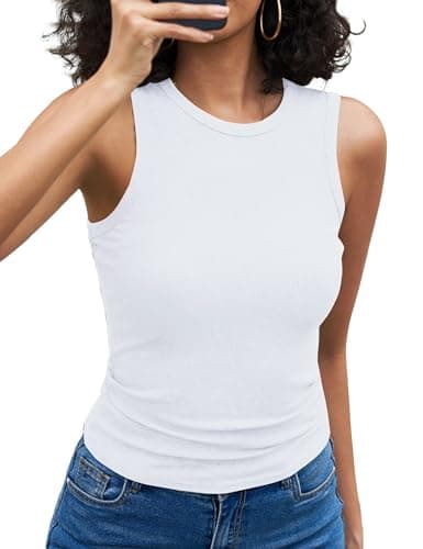 Image of Aottori White Tank Top Women Summer Gym Vest Tops Round Neck Racer Back Sleeveless Cami Ladies Ribbed Fitted Basic Sports Cami Shirts White XL