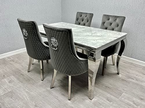 Image of ASR INTERIORS Grey & Silver Marble Dining Table with 4 Grey Plush Velvet Lion Knocker Chairs | Luxury 150cm Marble Dining Set with Quilted Tufted Chairs – Modern Dining Room Furniture