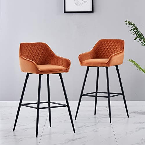 Image of ZOONFA Bar Stools Set of 2 Velvet Breakfast Stools Upholstered Kitchen Bar Chairs With Armrest & Backrest Barstools For Kitchen Counter (Orange)