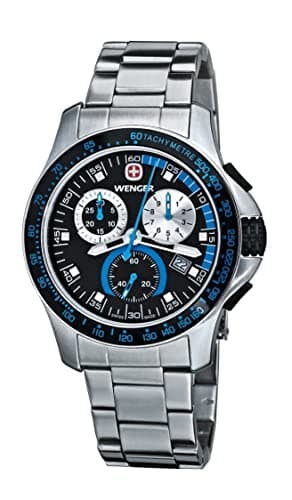 Image of Wenger Battalion 111 Men's Chronograph Watch 70787 with Black Dial and Striking Blue Steel Bracelet