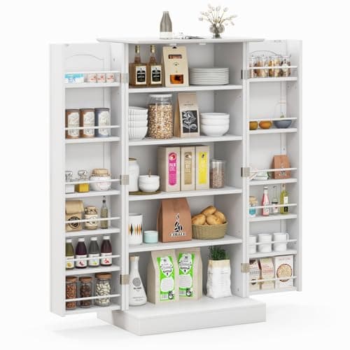 Image of COSTWAY Kitchen Cupboard, Buffet Pantry Cabinet with Countertop, Doors, 17 Shelves & Guardrail, Space-saving Storage Organizer for Dining Living Room (White, 60x40x120cm)