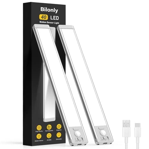 Image of Bilonly Under Cabinet Kitchen Lights, 40 LED Rechargeable Motion Sensor Lights Indoor, Magnetic Dimmable Under Cupboard Lights, Wireless LED Strip Light for Kitchen, Stairs, Wardrobe, Hallway, 2 Pack