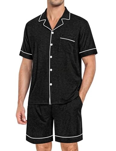 Image of SWOMOG Mens Pyjama Set Short Sleeve Button Down 2 PCS Sleepwear Soft Loungewear Modal Pj Set with Pockets Black Grey Large