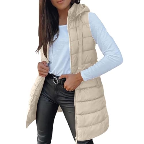 Image of Longline Gilet Quilted Gilet for Women UK Longline Hooded Puffer Jackets Padded Sleeveless Warm Bodywarmers Vest Lightweight Cosy Waistcoat Black Women