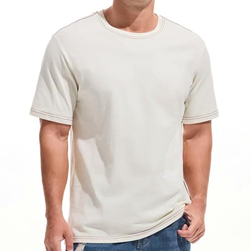 Image of VEIISAR Men's Heavy Weight Crew Neck T-Shirt - Mens Premium Cotton Thick Tee Pre Shrunk, T52 Beige, Large