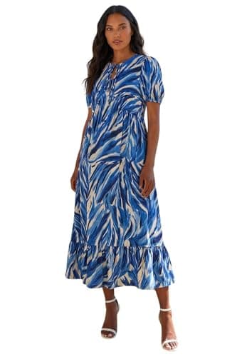 Image of Roman Originals Abstract Print Tie Front Smock Dress for Women UK - Ladies Everyday Autumn Winter Round Neckline Comfy Soft Evening Vacation Work Party Night Out - Blue - Size 12