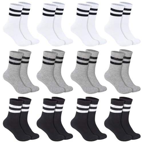 Image of Invalidism 12 Pairs Kids Socks Junior Cotton School Sports Socks, Black White Grey Striped Crew Athletic Socks, Casual Stretchy Socks for Boys Girls Toddler 9-12 Years