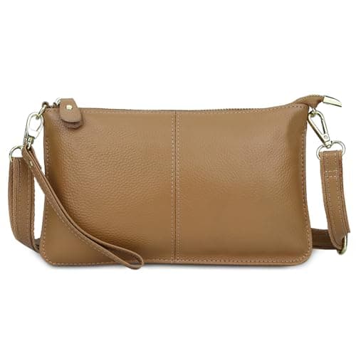 Image of FORRICA Taupe Clutch Bag for Women – Genuine Leather Cross Body Bag, Ladies Small Crossbody Phone Purse for Wedding, Evening & Party