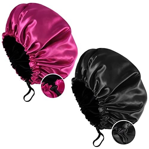 Image of Fuyamp 2 Packs Satin Sleep Cap Shower Cap,Adjustable Silky Sleep Bonnet for Women Long Curly Hair, Double-Sided Waterproof Satin Bath Cap Hair Cap for Women Sleeping Bathing(Red+Black)