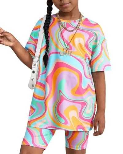 Image of OXUBOAO Girls 2 Piece Outfit Set Oversized Graphic Tshirts and Leggings Short Sleeve Top + Biker Shorts Kids Summer Clothes (Pink， 9-10T)
