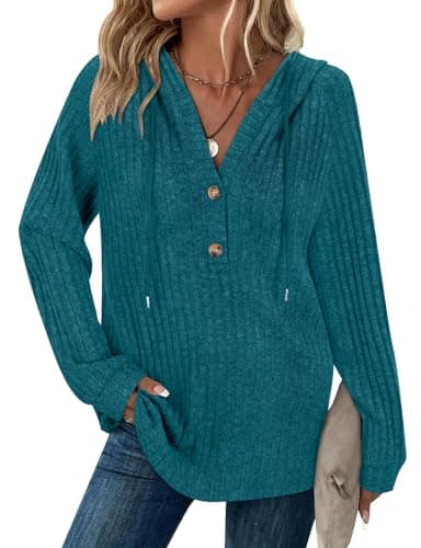 Image of Syphiby Womens Hoodies Oversized Long Sleeve Pullover Sweatershirts Ladies Clothes Casual Going Out Tops Knited Jumpers Casual Loose Striped Sweaters Sweatshirts Hooded Tops Dark Cyan XL