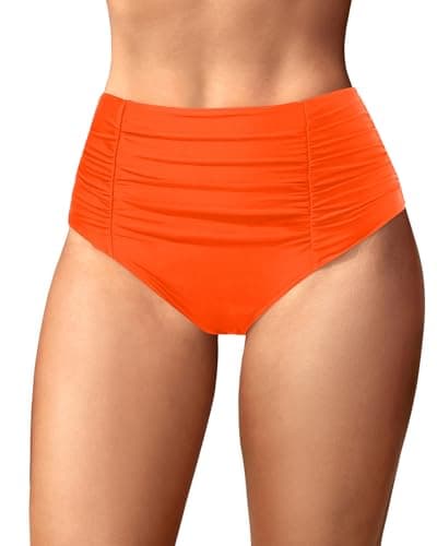 Image of Holipick Bathing Suit Bottoms for Women - High Waisted Bikini Bottoms Ruched Tummy Control Swimsuit Bottom, Orange, XL