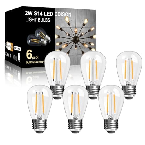 Image of LangPlus+ 6 Pack 2W S14 LED Plastic Light Bulbs, E27 Base 2700K Warm White Shatterproof LED Edison Light Bulbs for Outdoor String Lights, Non- Dimmable 2W Equivalent to 20W Incandescent Bulb