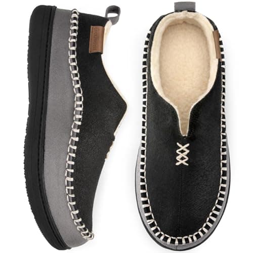 Image of EverFoams Men's Micro Suede Memory Foam Moccasin Slippers with Fuzzy Sherpa Lining and Anti-skid Sole Black Size 7 UK
