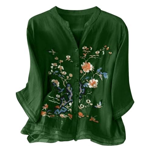 Image of Linen Shirt Women Bohemian Long Sleeve Ethnic Style Cotton Linen Tops Summer Floral Embroidered Oversized Blouse Basic Long Sleeve Shirts Baggy Top Retro Blouses Swing Tops(Green, M)
