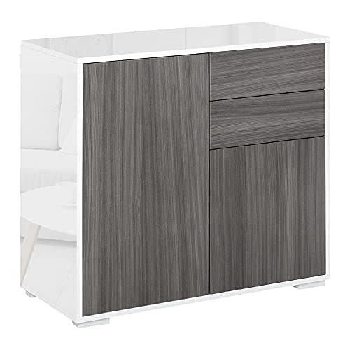 Image of HOMCOM High Gloss Frame Sideboard, Side Cabinet, Push-Open Design with 2 Doors for Living Room, Bedroom, Light Grey and White