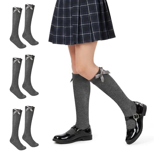Image of J&A MARTS® 3 Pairs Girls Grey Knee High School Socks, Cotton Socks With Fluffy Ribbon Bows Back to School Socks, Uniform, Party Wear, Long Girls Knee High Socks (UK 12-3)