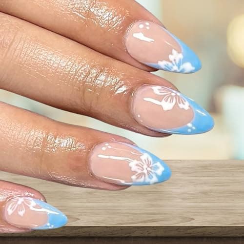 Image of Blue Nails French Tip False Nails - Press On Nails Almond with Flower Design - Medium Length False Nails with Glue - 24pcs Summer Reusable Stick on Nails for Women Girls