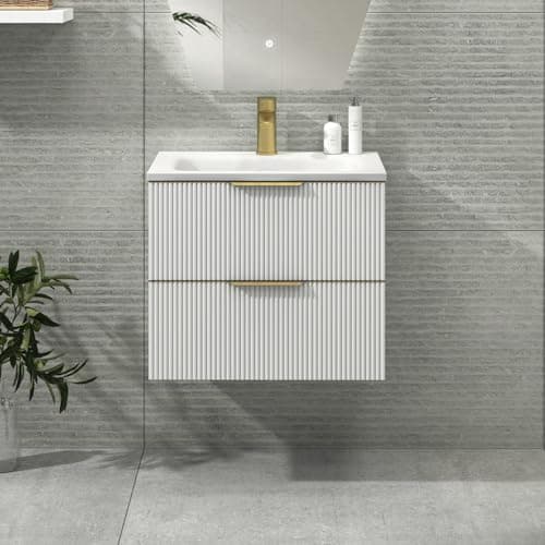 Image of Evora 600mm Satin White Fluted Wall Hung Bathroom Vanity Unit 2 Drawer with Stone Basin & Brushed Brass Handles