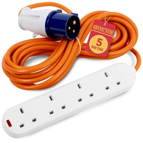 Image of GADLANE Camping Electric Hook Up Cable - Heavy Duty 5 Metre, 4 Gang Electric Hook Up for Camping, Mobile Homes, Refrigerated Vehicles - High Visibility 16A Caravan Extension Lead (5M)