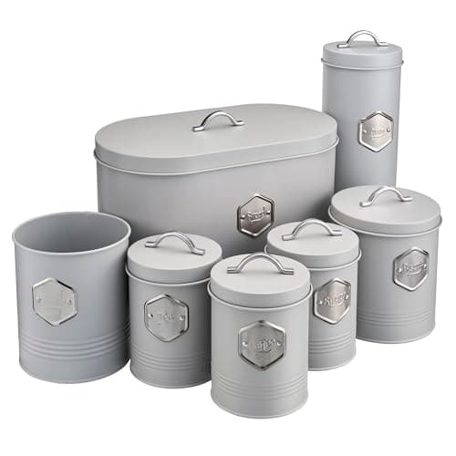 Image of Cooks Professional 7 Piece Tea Coffee Sugar Bread Biscuit Pasta & Utensil Cannister Set | Labelled Storage Containers Tins with Airtight Lids for Kitchen Accessories & Essentials | Grey & Silver