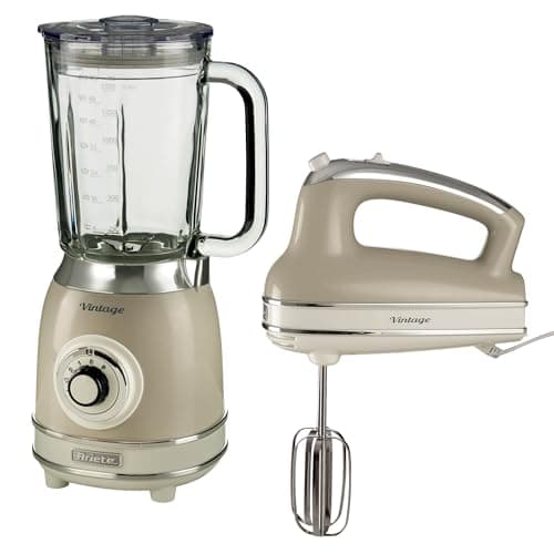 Image of Ariete Vintage Hand Whisk AR4805 & Blender AR8305, Retro Style Food Prep Set with Stainless Steel Blades, Multiple Speed Settings & Easy-Clean Design, Cream