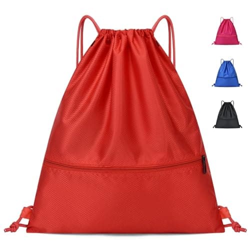 Image of Luoqun88 Drawstring Gym Bag, Large Waterproof Sports Backpack with Outside Zipper, Multi-Purpose PE Sport Gym Sack for Men & Women, Swim String Backpack for Gym, School, Beach, Travel & Yoga(Red)