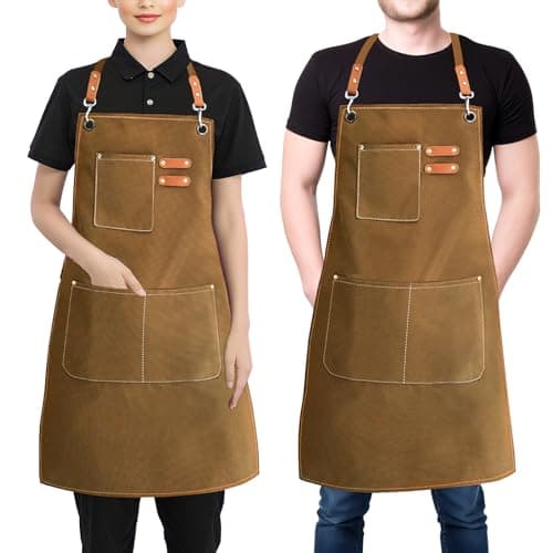 Image of Aprons for Women Men, Cotton Canvas Chef Apron with Adjustable Strap & Large Pockets, Cross Back Work Aprons for Kitchen Cooking, Baking, Gardening, Painting, Artist, One Size Fits All (Brown)
