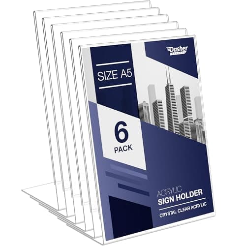 Image of Slant Back Acrylic Sign Holder A5, 6 Pack, Portrait Ad Frames, Clear Picture Frame for Signs, Brochure, Flyer, Menu, Paper, Poster, Display. Slanted Plastic Message Board Stand for Home, Office, Store