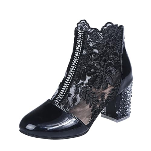 Image of Generisch Women's Shoes Elegant Lace Floral Block Heel Non-Slip Mesh Rhinestone Evening Party Bridal Shoes, black, 6 UK