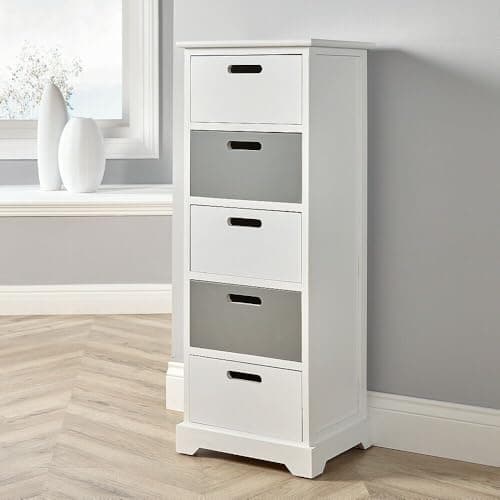 Image of Home Source Chest, Wooden Home Storage Organiser, White and Grey Tallboy, 5 Drawer